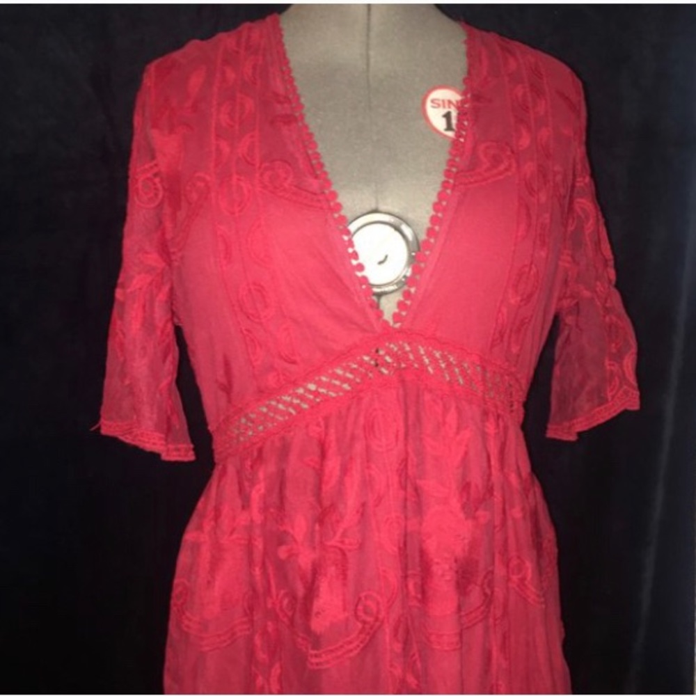 PinkBlush Maternity Red Lace Mesh Overlay Maxi Dress